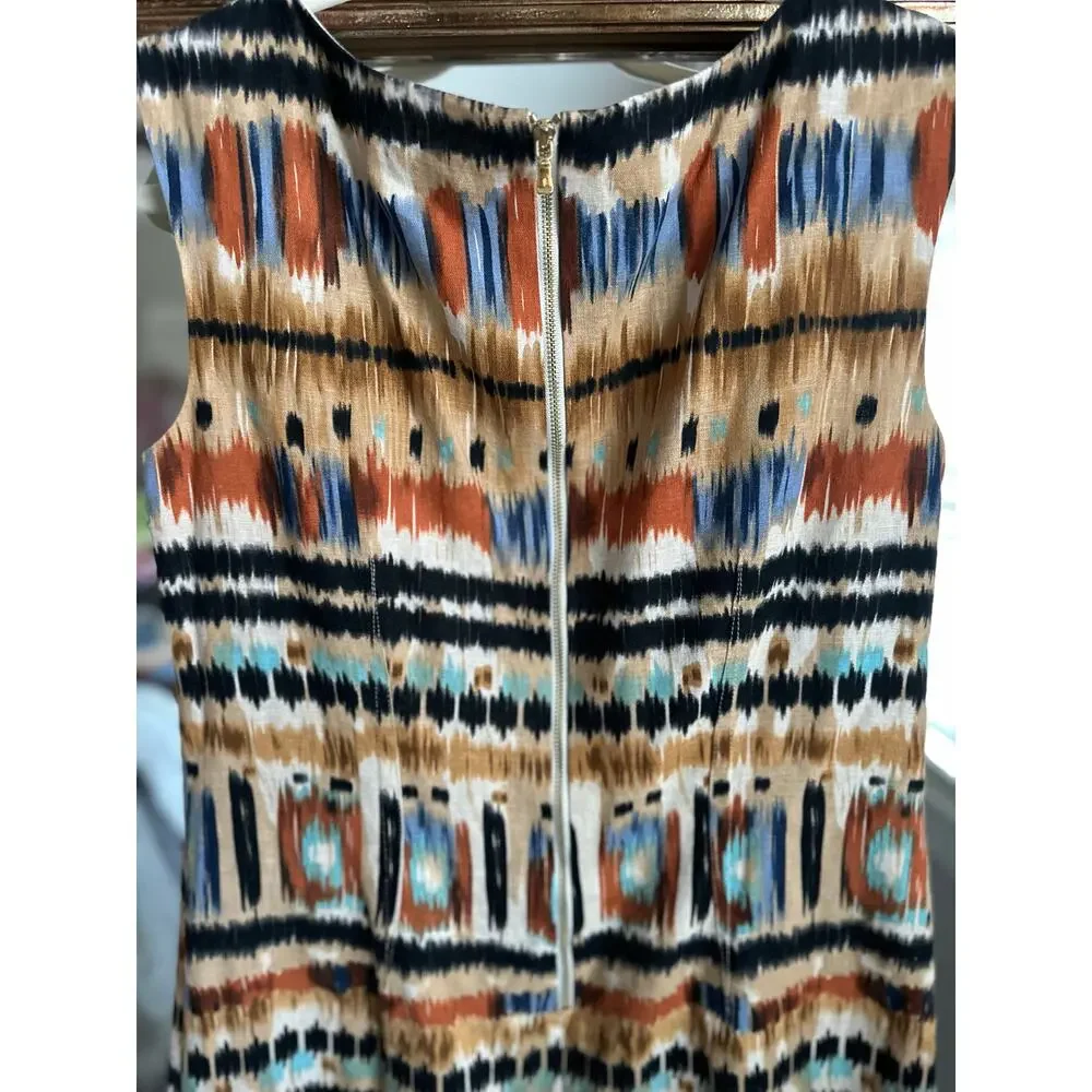 Tahari linen blend safari multicolor knee length sleeveless dress | size 8 - Picture 3 of 5